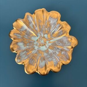 Vtg Stangl Pottery Aqua & Gold Flower Shape Bowl 5'' Mother's Day Gift